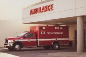 Fire truck in an ambulance bay after an accident
